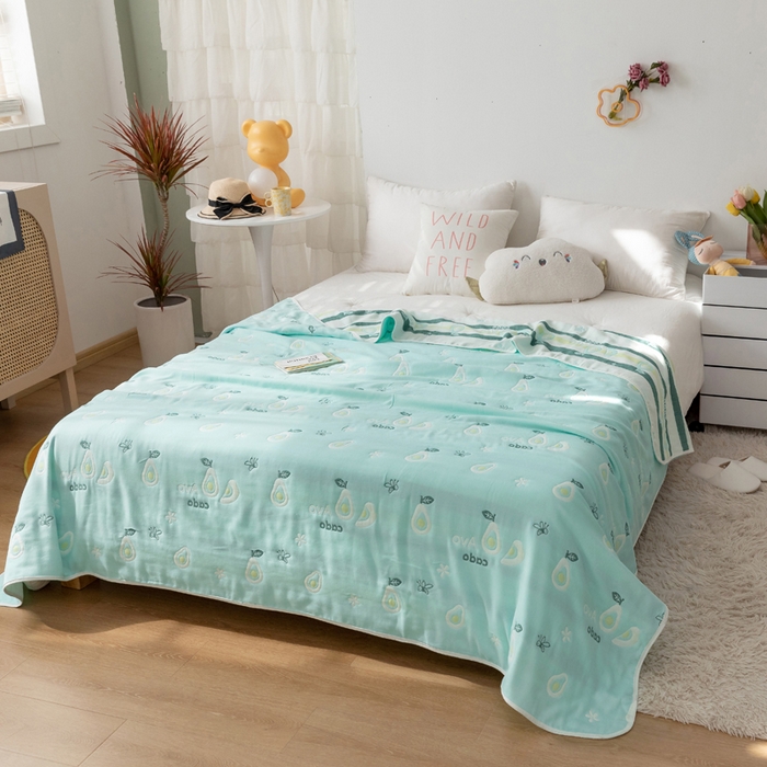 91家纺网 家纺一手货源 找家纺 朴尔家纺-毛巾被 2026新款卡通系全棉六层纱毛巾被 水果乐园-绿