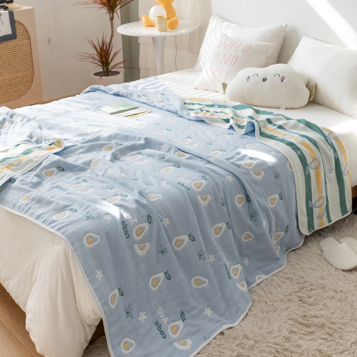 91家纺网 家纺一手货源 找家纺 朴尔家纺-毛巾被 2026新款卡通系全棉六层纱毛巾被 水果乐园-蓝