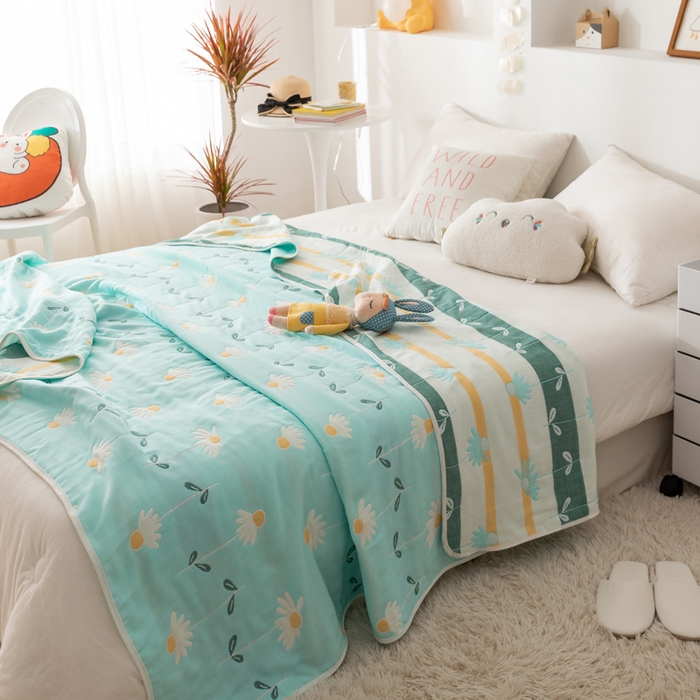 91家纺网 家纺一手货源 找家纺 朴尔家纺-毛巾被 2026新款卡通系全棉六层纱毛巾被 一米阳光-绿