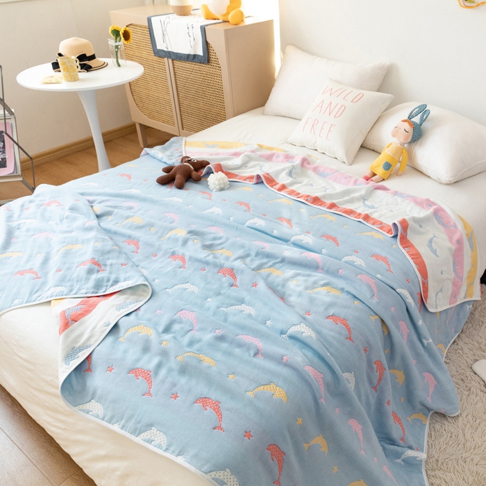 91家纺网 家纺一手货源 找家纺 朴尔家纺-毛巾被 2026新款卡通系全棉六层纱毛巾被 鲸鱼乐园-蓝