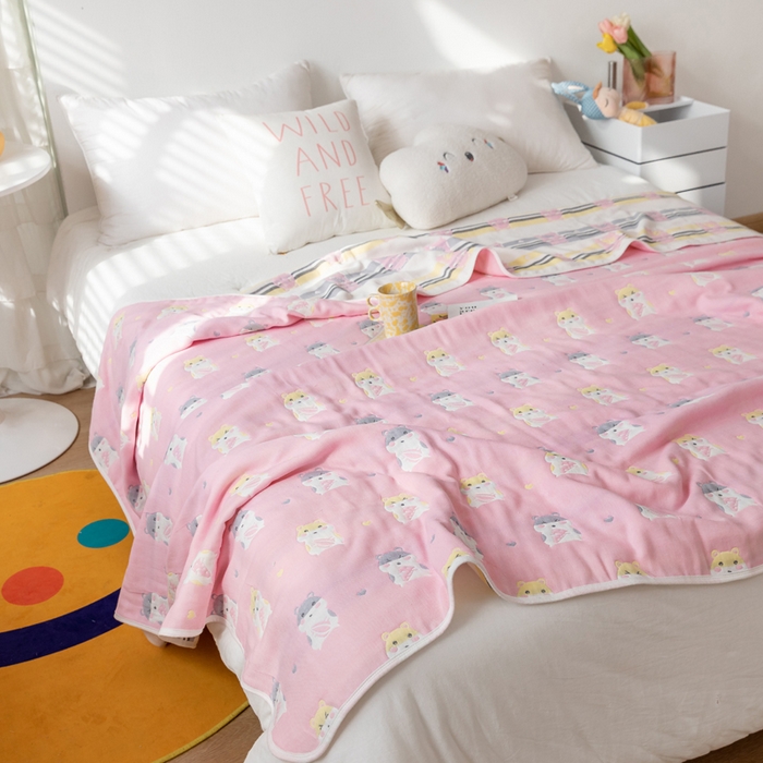 91家纺网 家纺一手货源 找家纺 朴尔家纺-毛巾被 2026新款卡通系全棉六层纱毛巾被 土拨鼠-粉