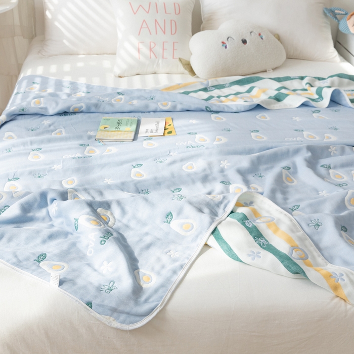 91家纺网 家纺一手货源 找家纺 朴尔家纺-毛巾被 2026新款卡通系全棉六层纱毛巾被 水果乐园-蓝