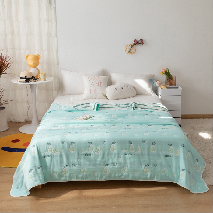 91家纺网 家纺一手货源 找家纺 朴尔家纺-毛巾被 2026新款卡通系全棉六层纱毛巾被 水果乐园-绿