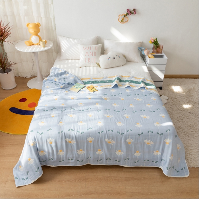 91家纺网 家纺一手货源 找家纺 朴尔家纺-毛巾被 2026新款卡通系全棉六层纱毛巾被 一米阳光-蓝