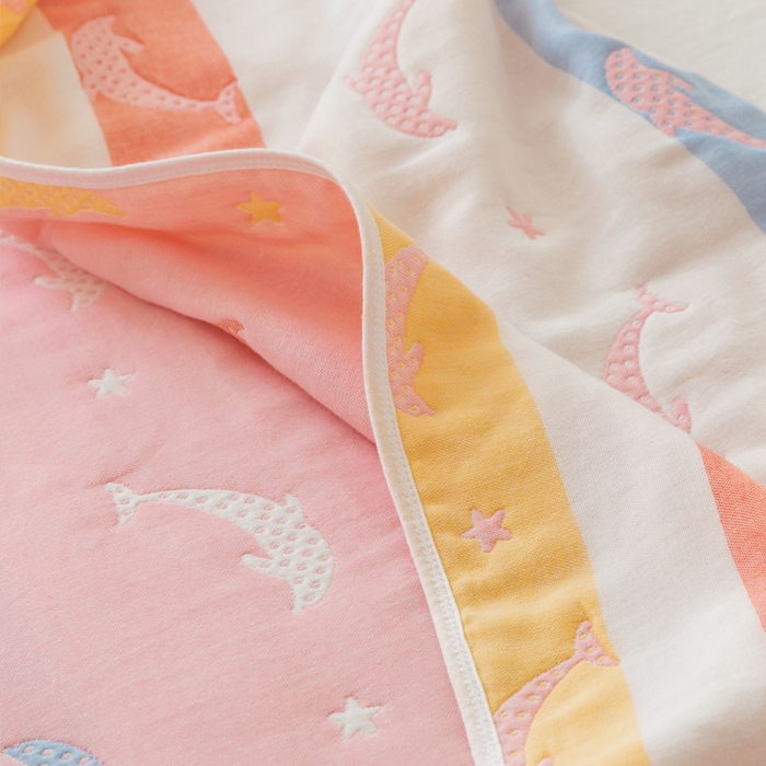 91家纺网 家纺一手货源 找家纺 朴尔家纺-毛巾被 2026新款卡通系全棉六层纱毛巾被 鲸鱼乐园-粉