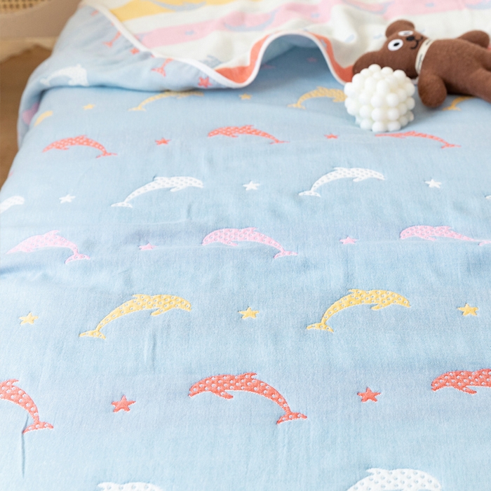 91家纺网 家纺一手货源 找家纺 朴尔家纺-毛巾被 2026新款卡通系全棉六层纱毛巾被 鲸鱼乐园-蓝