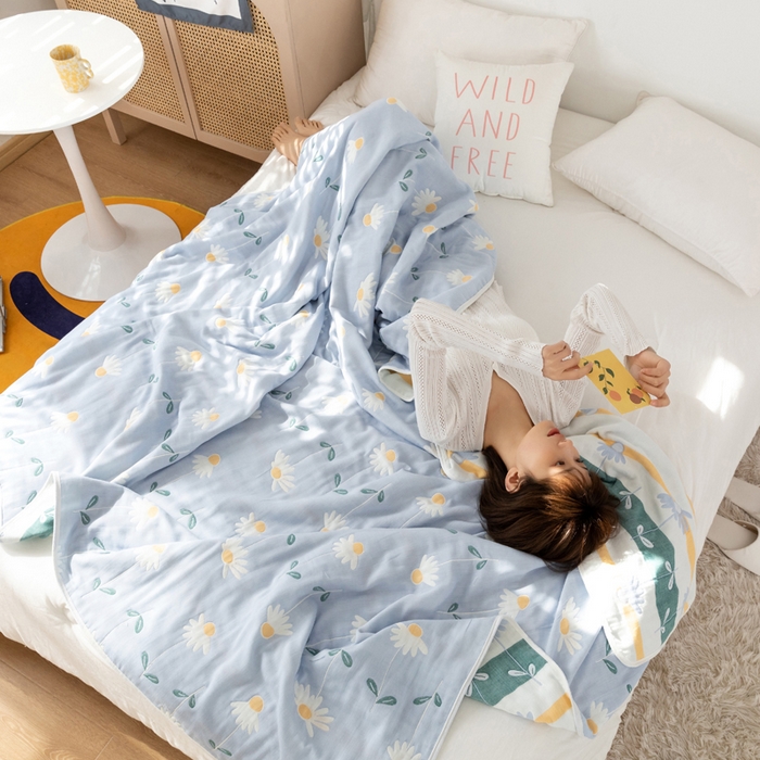 91家纺网 家纺一手货源 找家纺 朴尔家纺-毛巾被 2026新款卡通系全棉六层纱毛巾被 一米阳光-蓝