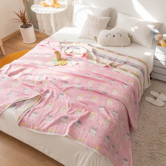 91家纺网 家纺一手货源 找家纺 朴尔家纺-毛巾被 2026新款卡通系全棉六层纱毛巾被 土拨鼠-粉