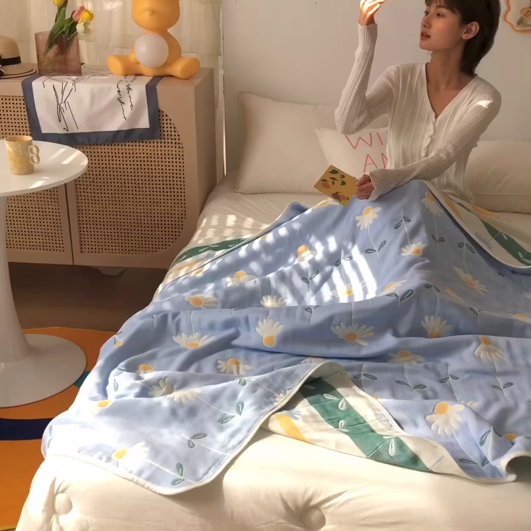 91家纺网 家纺一手货源 找家纺 朴尔家纺-毛巾被 2026新款卡通系全棉六层纱毛巾被 一米阳光-蓝