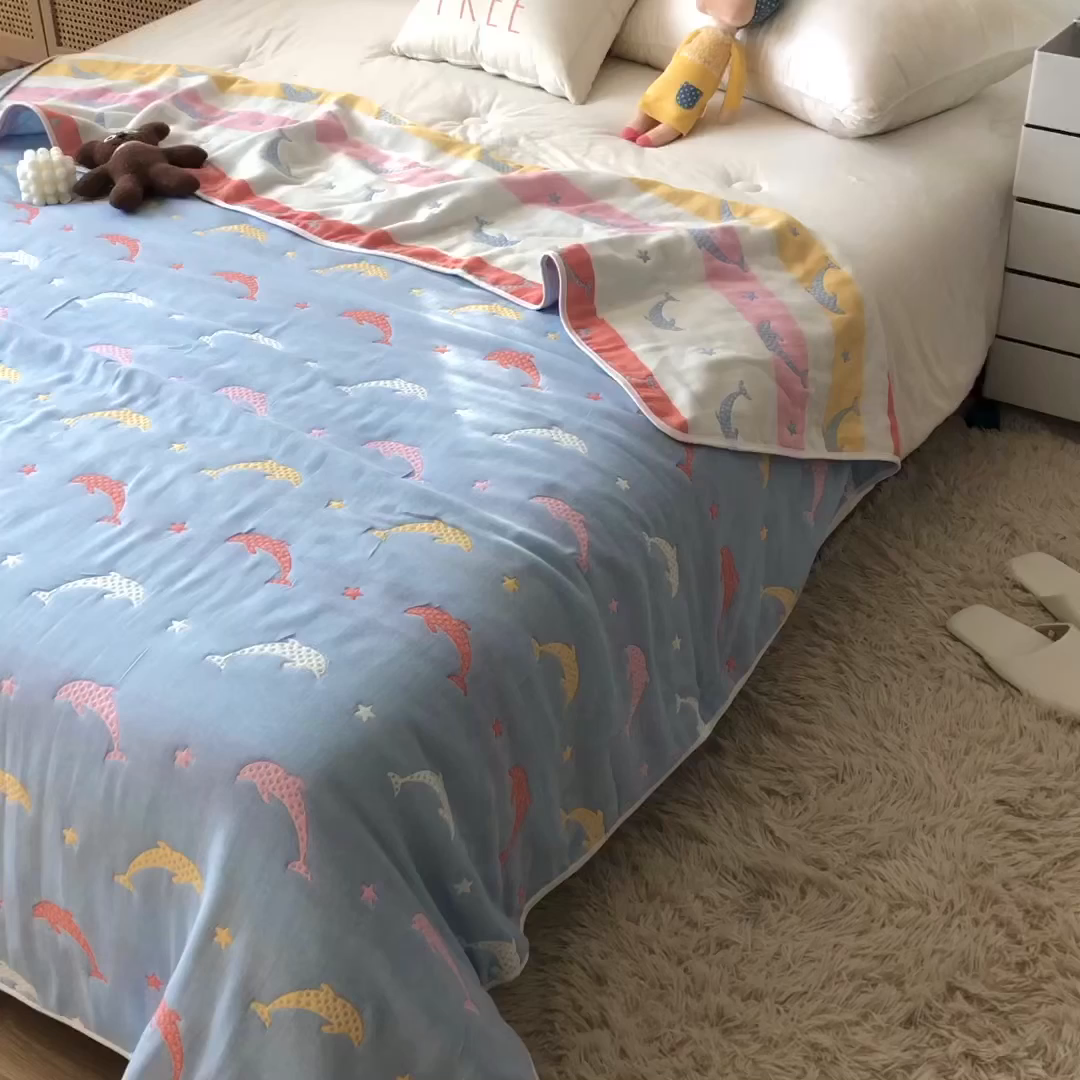 91家纺网 家纺一手货源 找家纺 朴尔家纺-毛巾被 2026新款卡通系全棉六层纱毛巾被 鲸鱼乐园-蓝