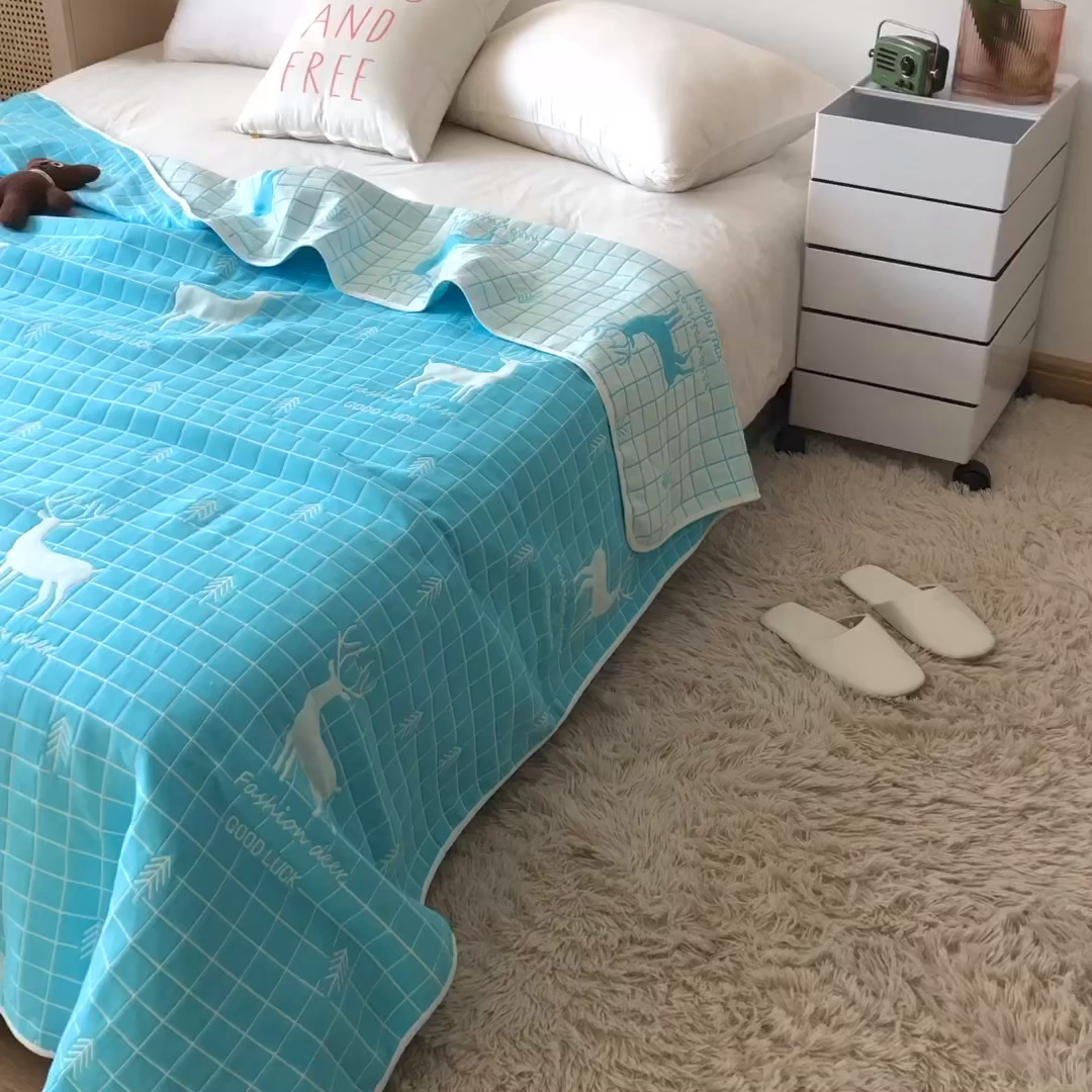 91家纺网 家纺一手货源 找家纺 朴尔家纺-毛巾被 2026新款卡通系全棉六层纱毛巾被 麋鹿森林-绿