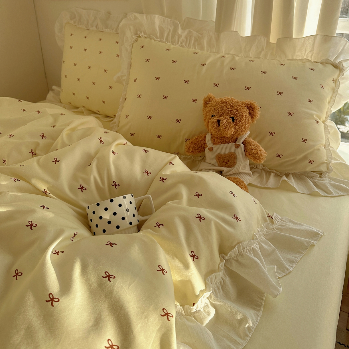 91家纺网 家纺一手货源 找家纺 （总）盼季家纺 2026春夏小清新日韩蝴蝶结奶油花边床上用品四件套宿舍三件套