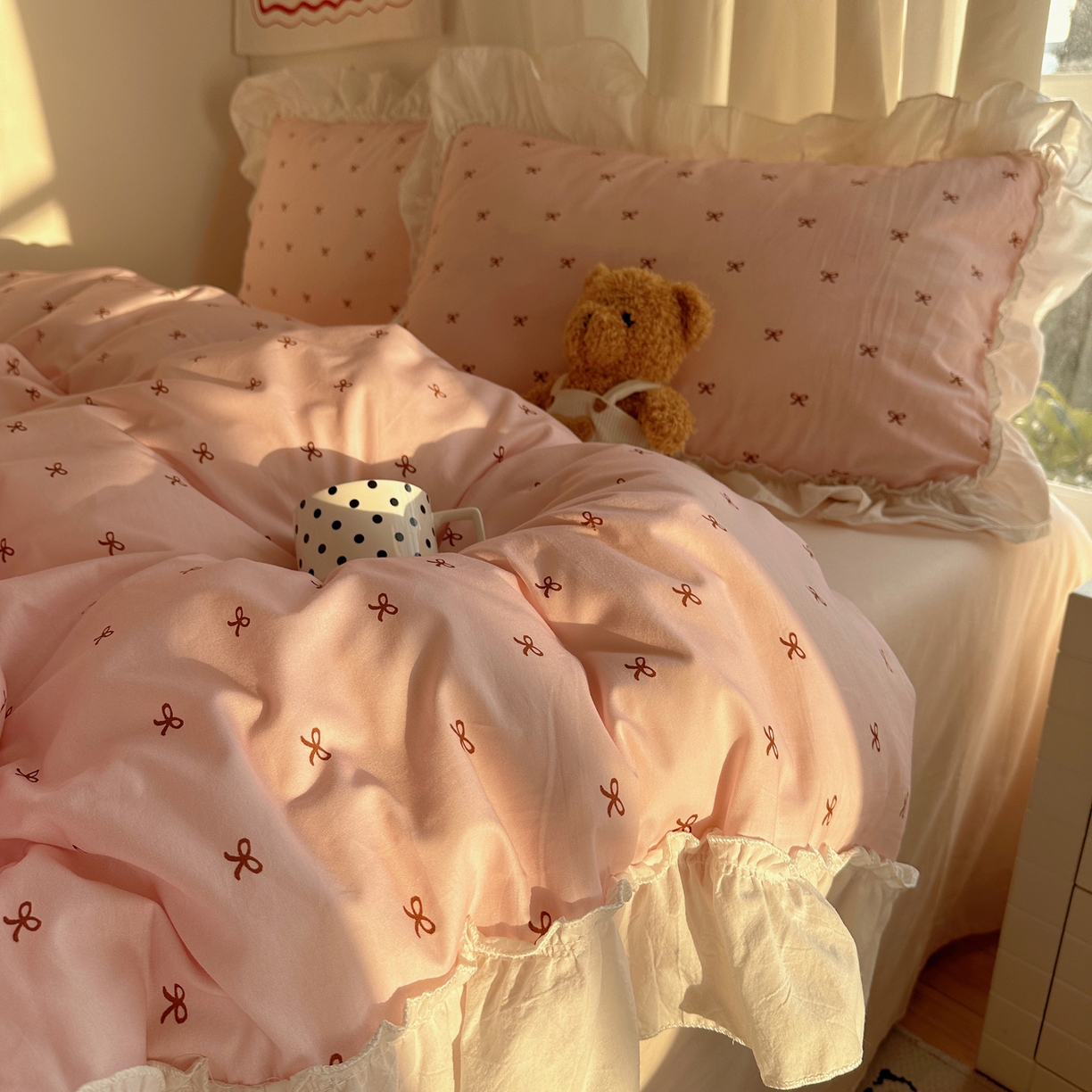 盼季家纺 2026春夏小清新日韩蝴蝶结奶油花边床上用品四件套宿舍三件套 奶油花边蝴蝶结-奶粉