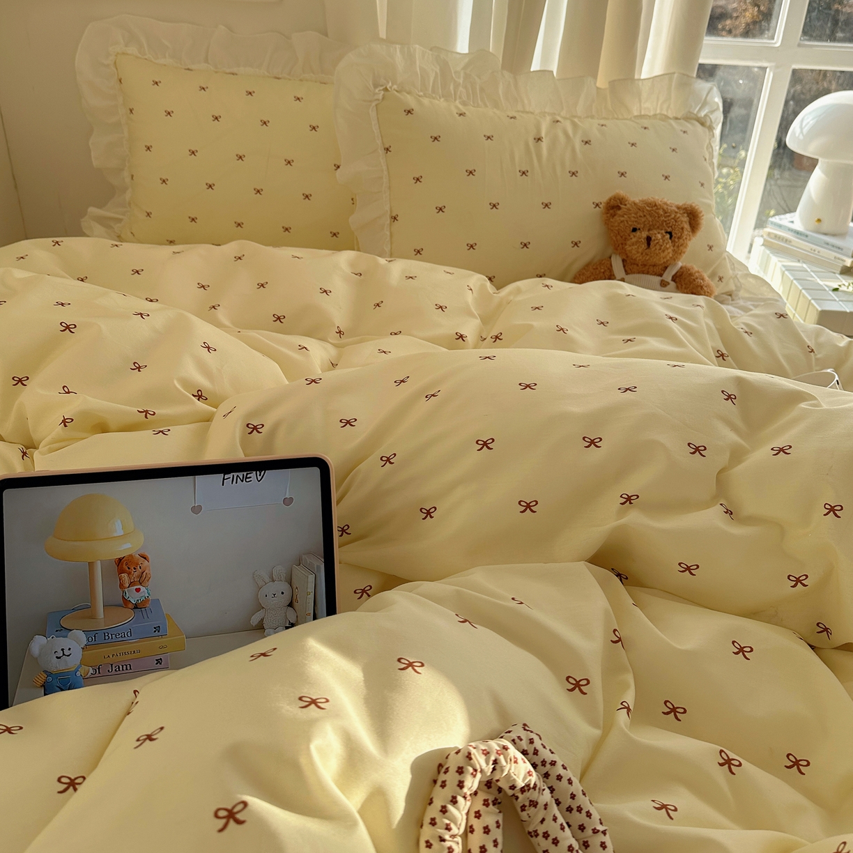 91家纺网 家纺一手货源 找家纺 （总）盼季家纺 2026春夏小清新日韩蝴蝶结奶油花边床上用品四件套宿舍三件套