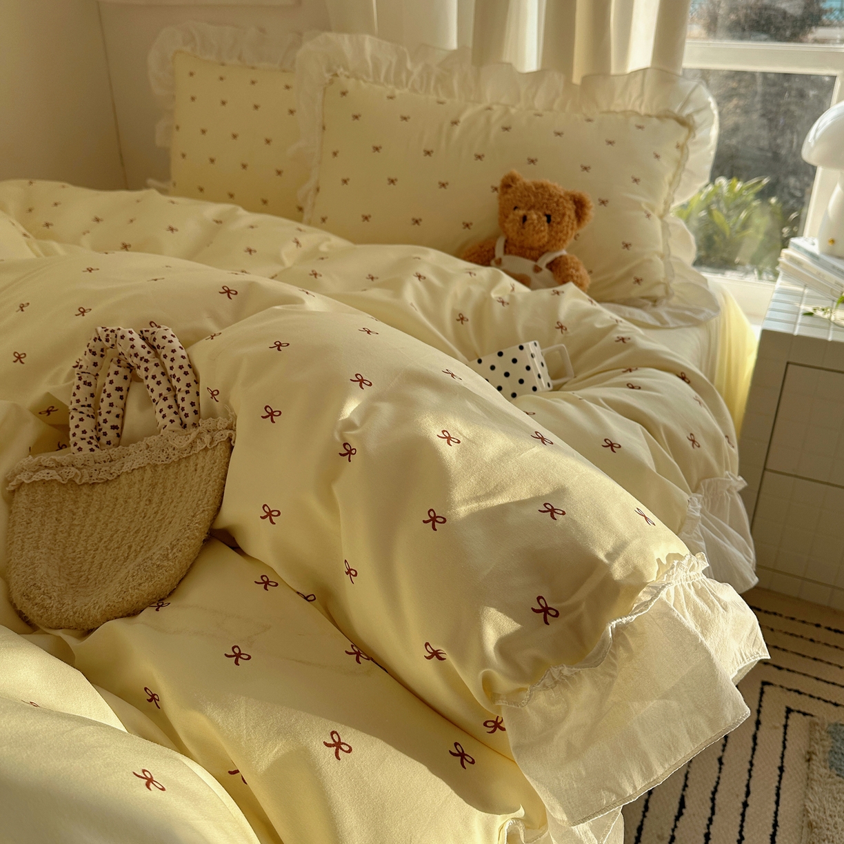 91家纺网 家纺一手货源 找家纺 （总）盼季家纺 2026春夏小清新日韩蝴蝶结奶油花边床上用品四件套宿舍三件套