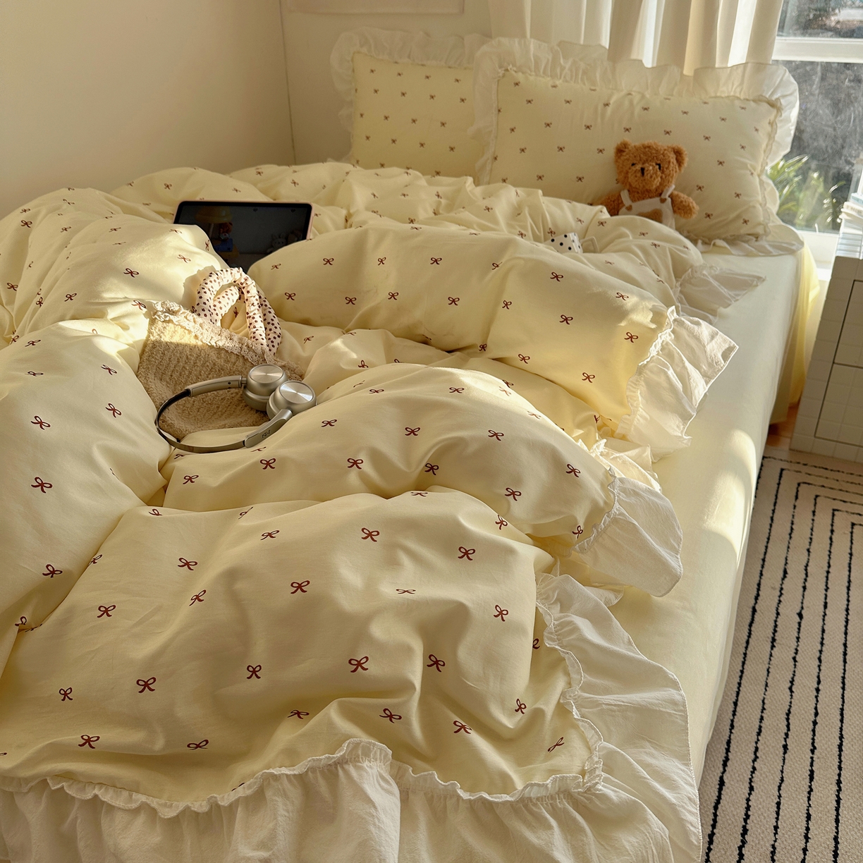 91家纺网 家纺一手货源 找家纺 （总）盼季家纺 2026春夏小清新日韩蝴蝶结奶油花边床上用品四件套宿舍三件套