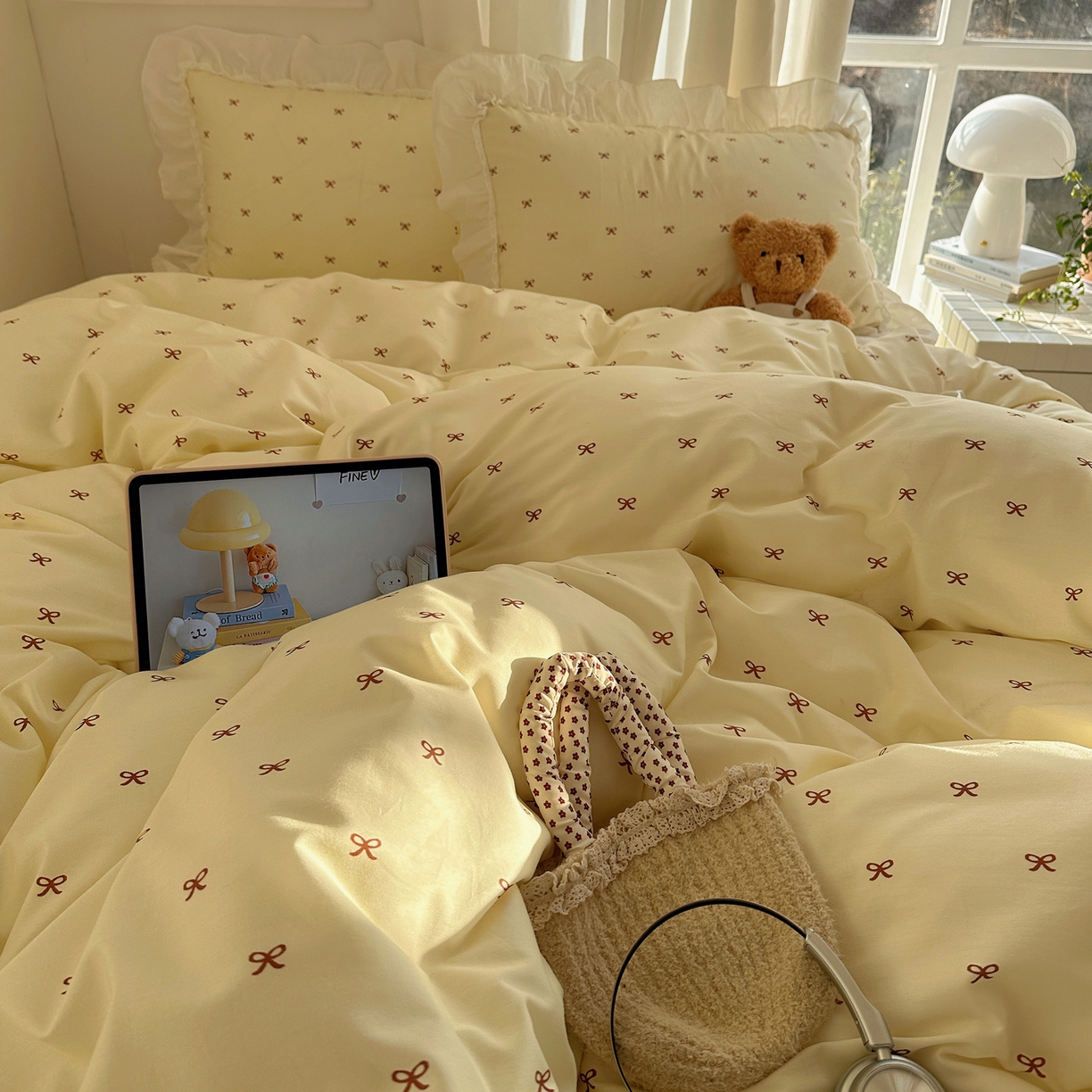 91家纺网 家纺一手货源 找家纺 （总）盼季家纺 2026春夏小清新日韩蝴蝶结奶油花边床上用品四件套宿舍三件套