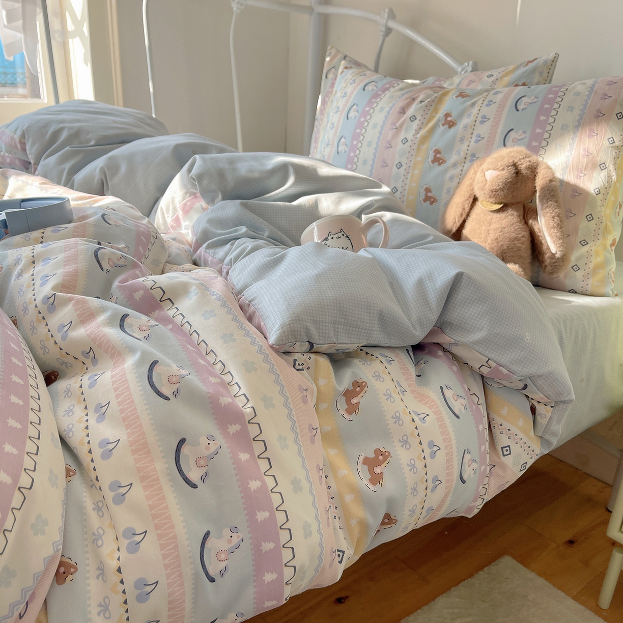 91家纺网 家纺一手货源 找家纺 桃子家居 2026新款纯棉13070小清新卡通少女可爱全棉系列四件套 棉-宝莉蓝粉