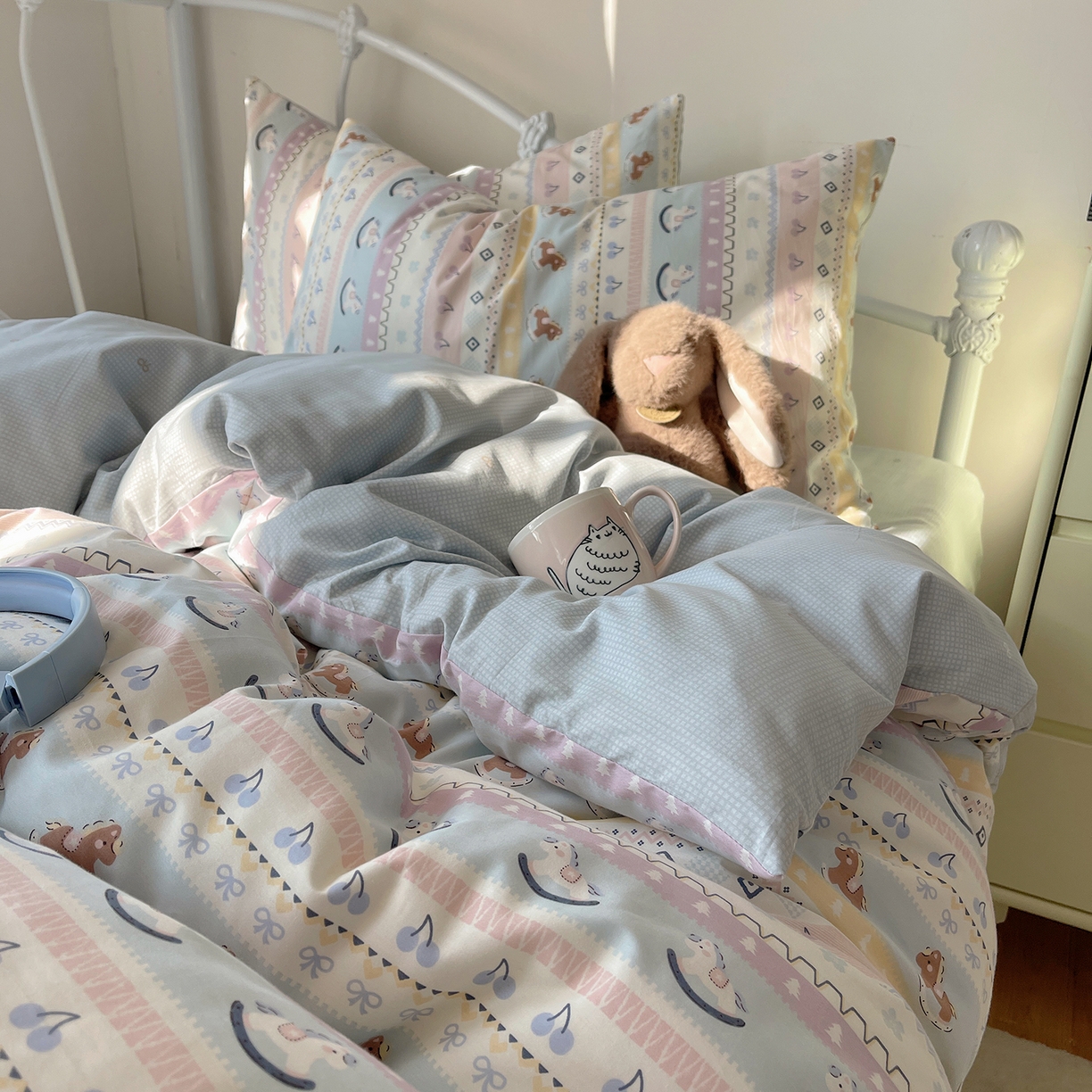 91家纺网 家纺一手货源 找家纺 桃子家居 2026新款纯棉13070小清新卡通少女可爱全棉系列四件套 棉-宝莉蓝粉