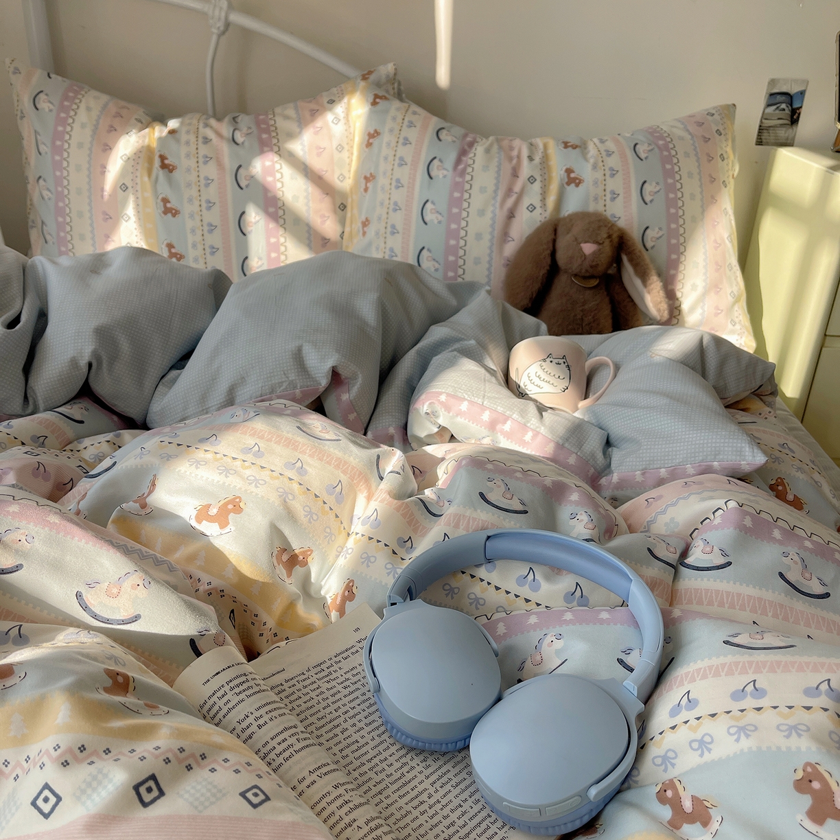 91家纺网 家纺一手货源 找家纺 桃子家居 2026新款纯棉13070小清新卡通少女可爱全棉系列四件套 棉-宝莉蓝粉