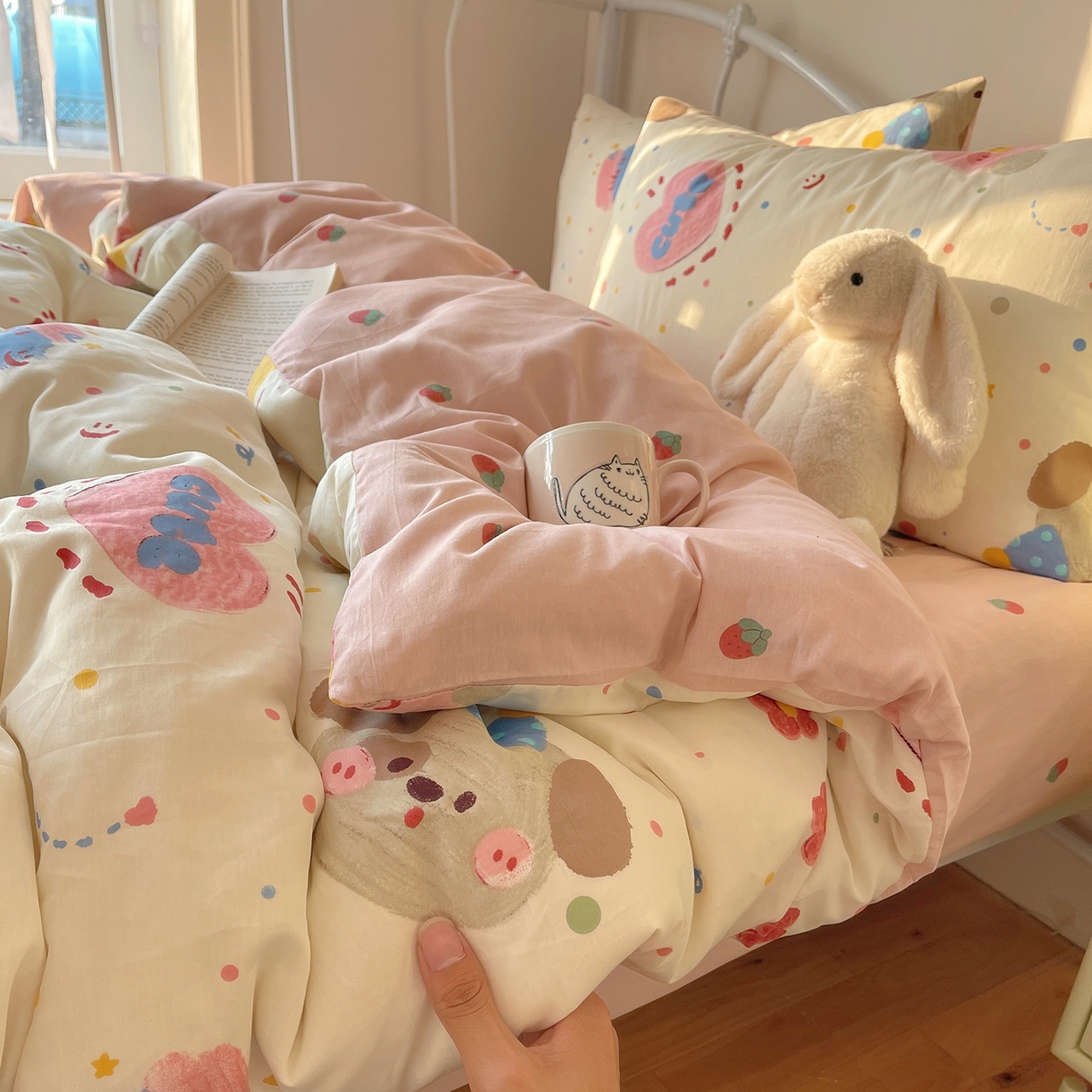 91家纺网 家纺一手货源 找家纺 桃子家居 2026新款纯棉13070小清新卡通少女可爱全棉系列四件套 棉-花花酱