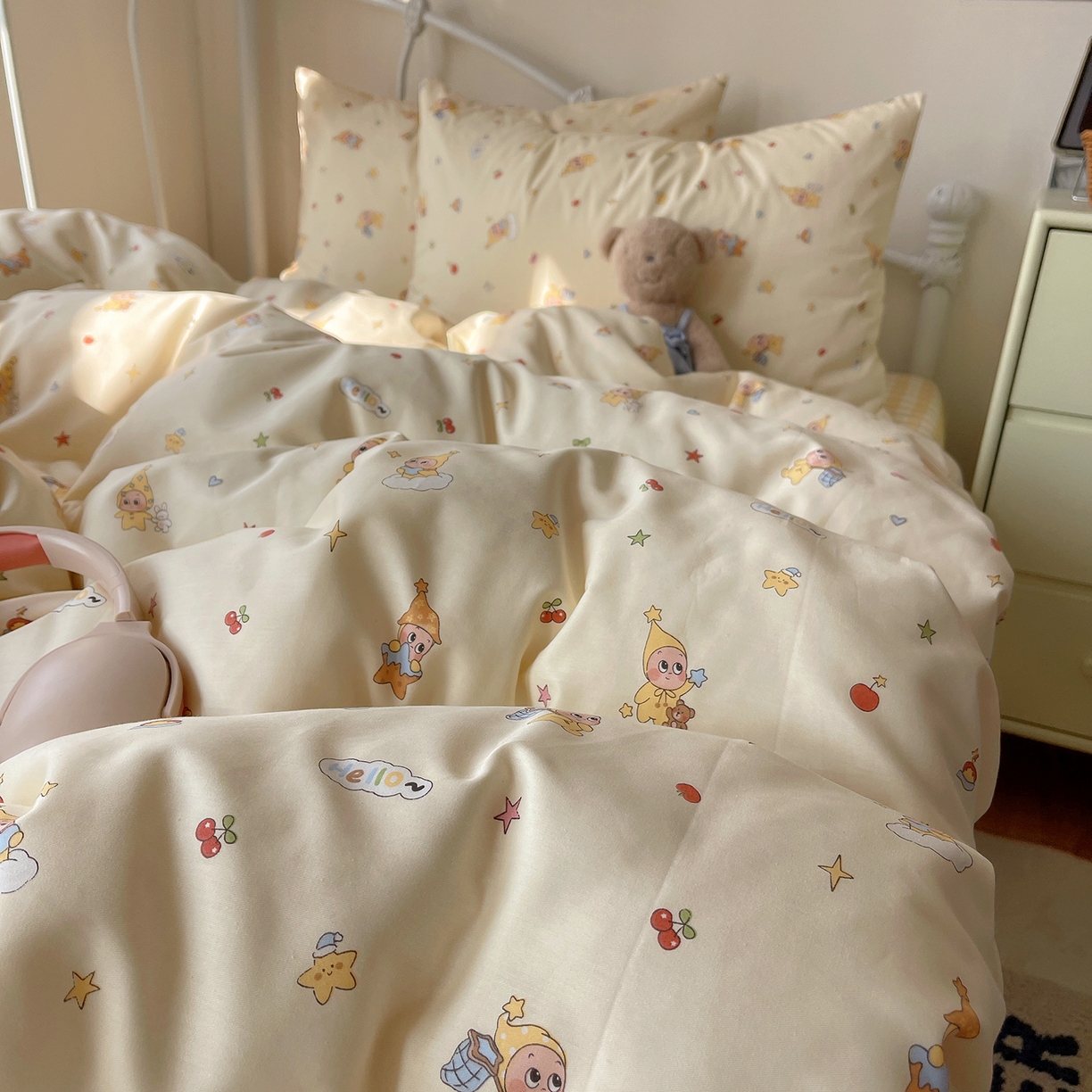 91家纺网 家纺一手货源 找家纺 桃子家居 2026新款纯棉13070小清新卡通少女可爱全棉系列四件套 棉-可爱星星