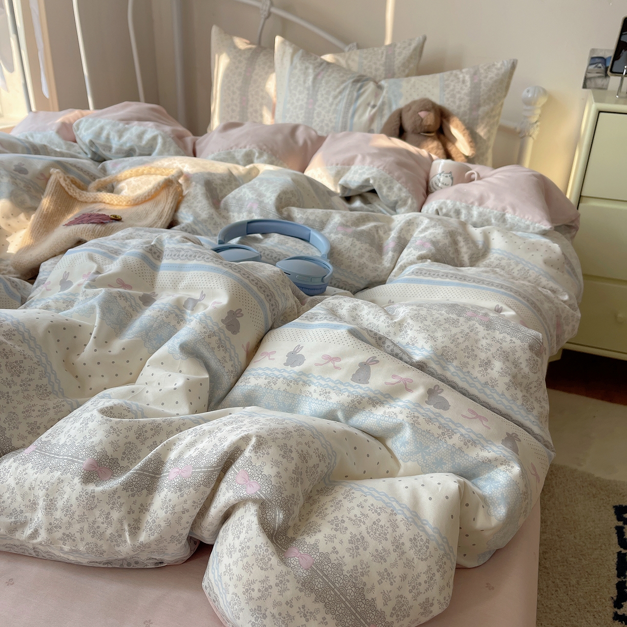 91家纺网 家纺一手货源 找家纺 桃子家居 2026新款纯棉13070小清新卡通少女可爱全棉系列四件套 棉-可可兔