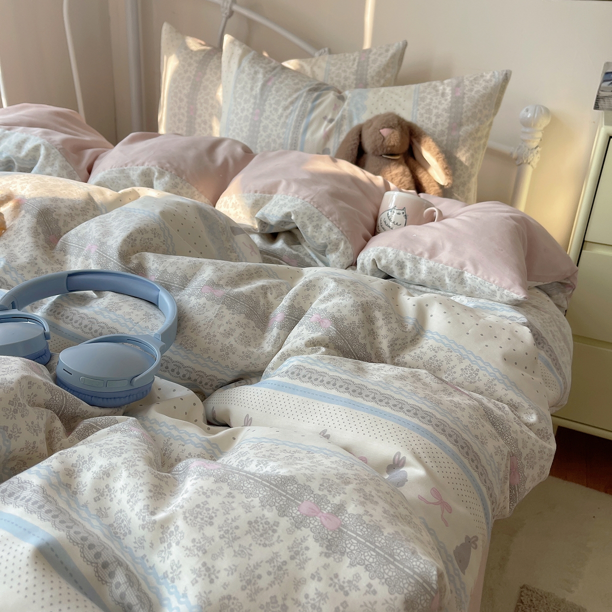 91家纺网 家纺一手货源 找家纺 桃子家居 2026新款纯棉13070小清新卡通少女可爱全棉系列四件套 棉-可可兔