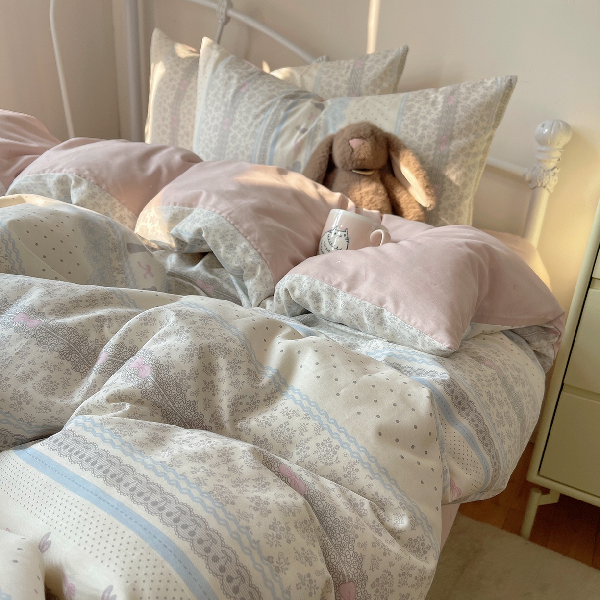 91家纺网 家纺一手货源 找家纺 桃子家居 2026新款纯棉13070小清新卡通少女可爱全棉系列四件套 棉-可可兔