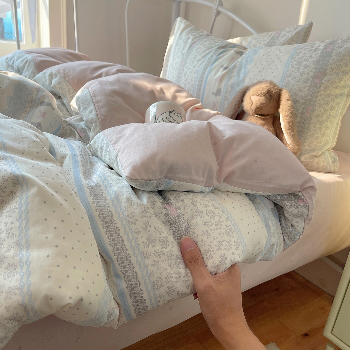 91家纺网 家纺一手货源 找家纺 桃子家居 2026新款纯棉13070小清新卡通少女可爱全棉系列四件套 棉-可可兔