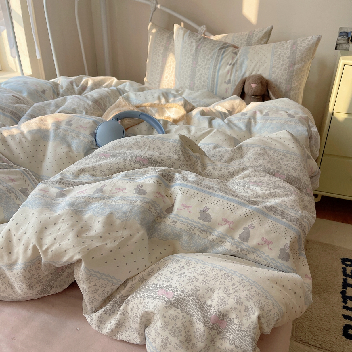 91家纺网 家纺一手货源 找家纺 桃子家居 2026新款纯棉13070小清新卡通少女可爱全棉系列四件套 棉-可可兔