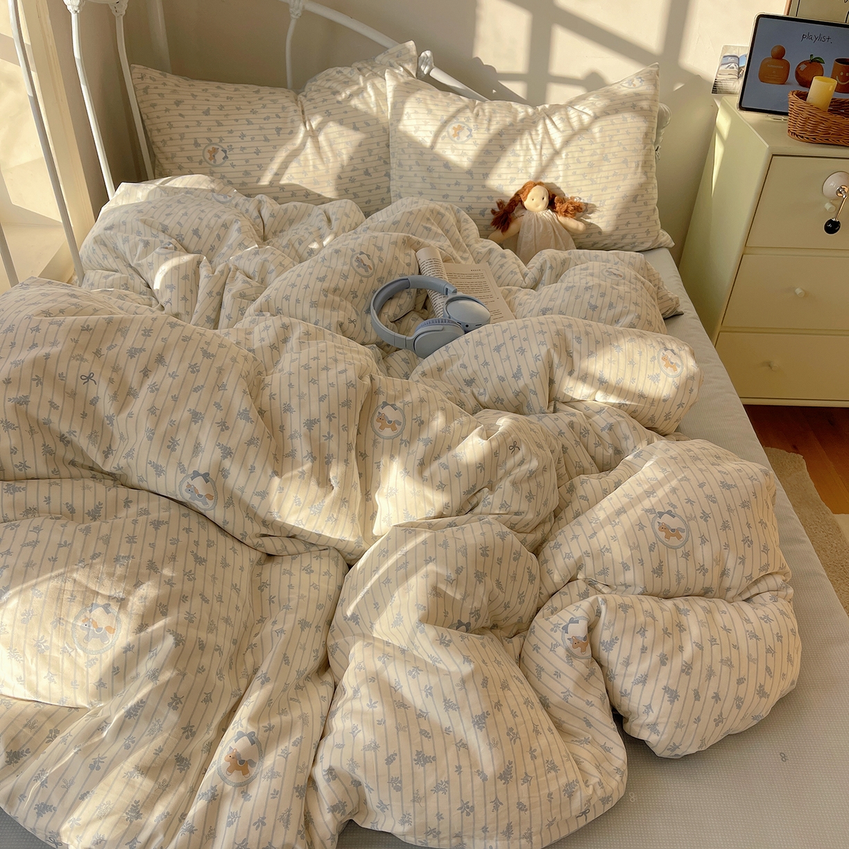 91家纺网 家纺一手货源 找家纺 桃子家居 2026新款纯棉13070小清新卡通少女可爱全棉系列四件套 棉-蓝花小马