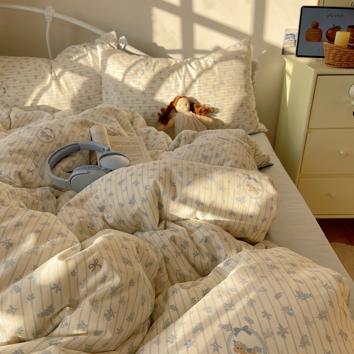 91家纺网 家纺一手货源 找家纺 桃子家居 2026新款纯棉13070小清新卡通少女可爱全棉系列四件套 棉-蓝花小马