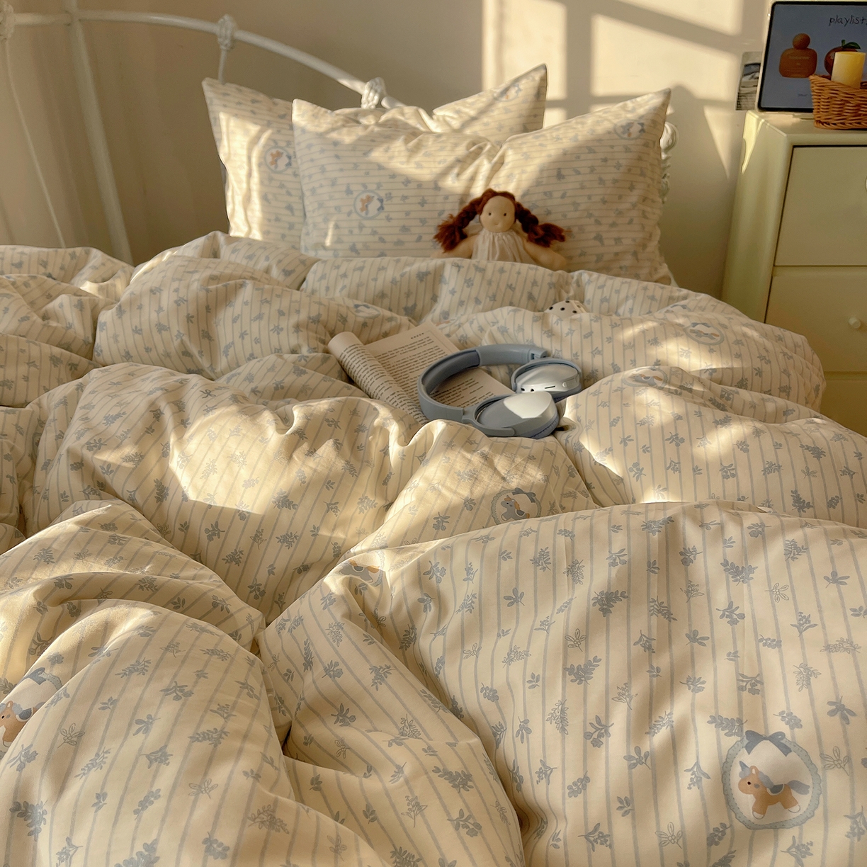 91家纺网 家纺一手货源 找家纺 桃子家居 2026新款纯棉13070小清新卡通少女可爱全棉系列四件套 棉-蓝花小马