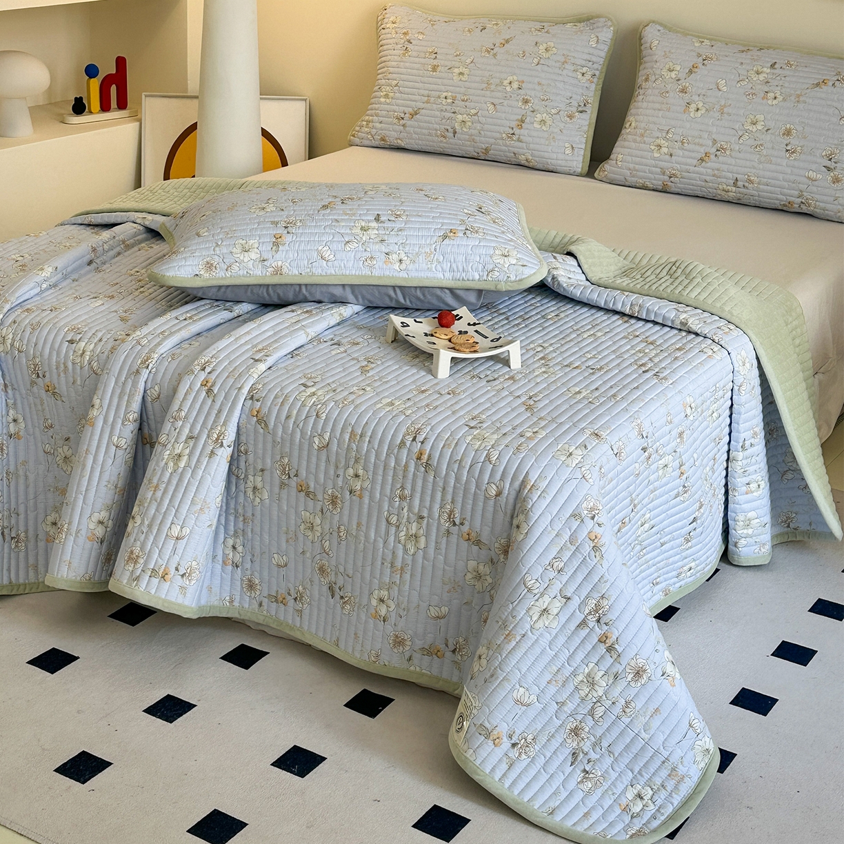 91家纺网 家纺一手货源 找家纺 凌云家纺 2026新款A类13372全棉床盖一面棉一面绒 漫步云端