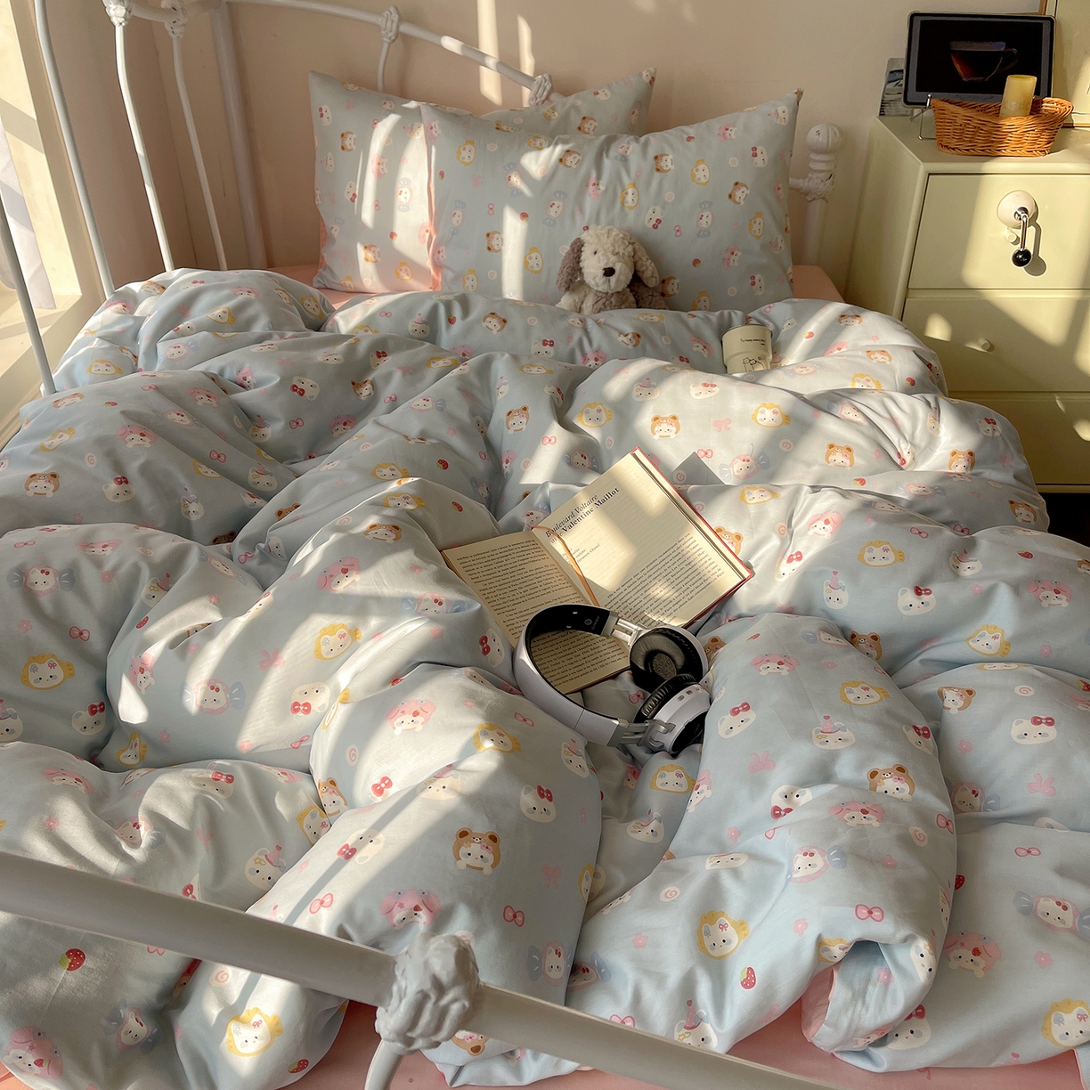 91家纺网 家纺一手货源 找家纺 桃子家居 2026新款纯棉13070小清新卡通少女可爱全棉系列四件套 棉-蓝色糖果猫