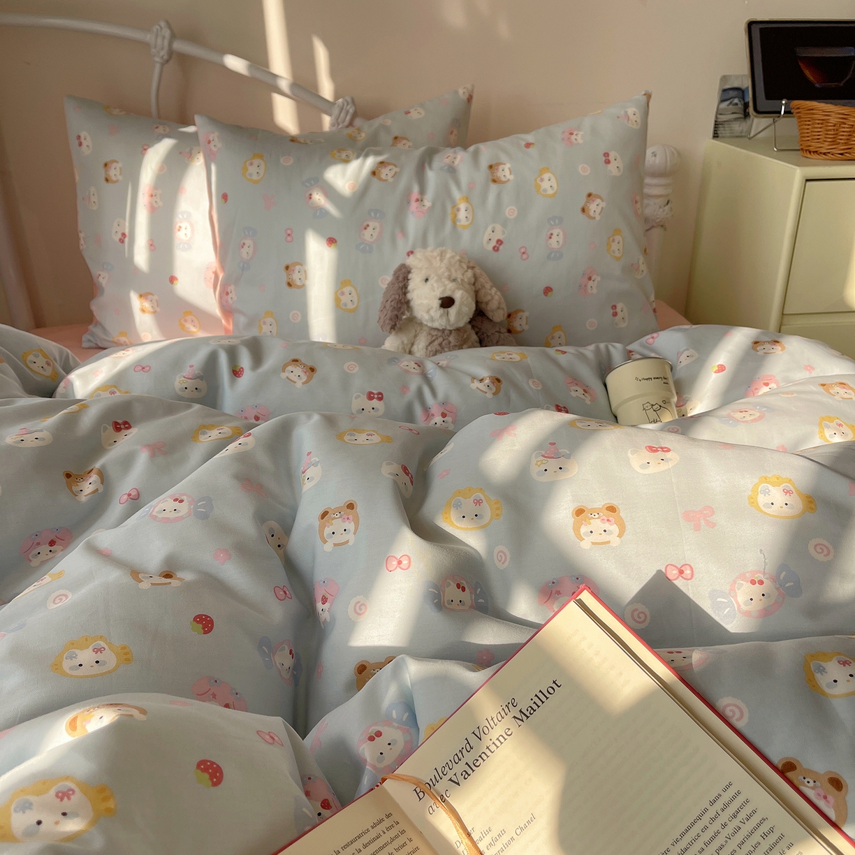 91家纺网 家纺一手货源 找家纺 桃子家居 2026新款纯棉13070小清新卡通少女可爱全棉系列四件套 棉-蓝色糖果猫