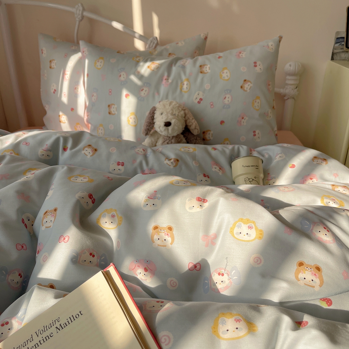 91家纺网 家纺一手货源 找家纺 桃子家居 2026新款纯棉13070小清新卡通少女可爱全棉系列四件套 棉-蓝色糖果猫