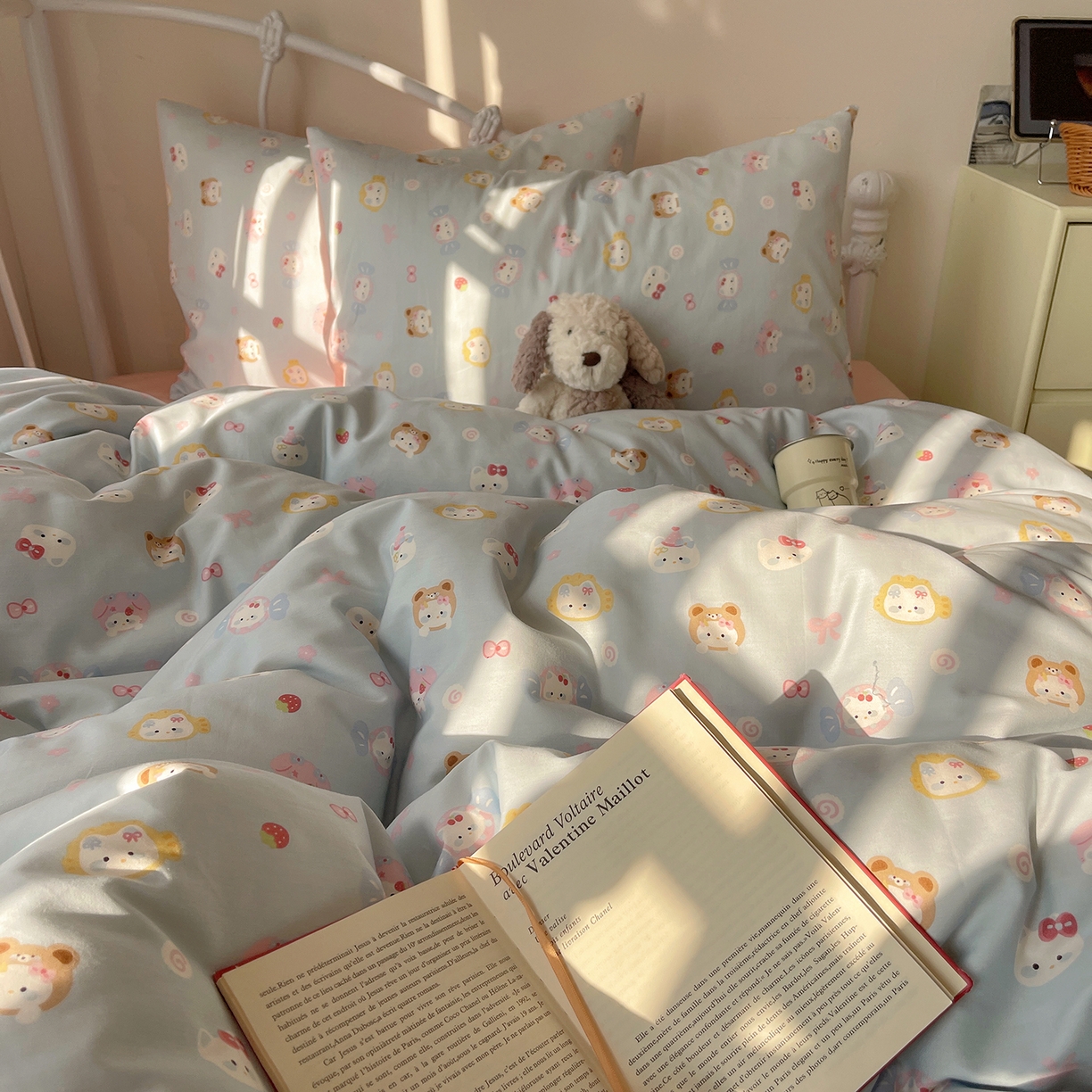 91家纺网 家纺一手货源 找家纺 桃子家居 2026新款纯棉13070小清新卡通少女可爱全棉系列四件套 棉-蓝色糖果猫