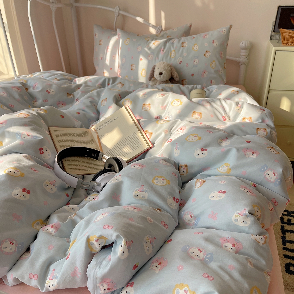 91家纺网 家纺一手货源 找家纺 桃子家居 2026新款纯棉13070小清新卡通少女可爱全棉系列四件套 棉-蓝色糖果猫