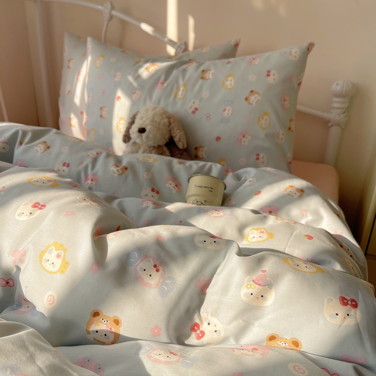 91家纺网 家纺一手货源 找家纺 桃子家居 2026新款纯棉13070小清新卡通少女可爱全棉系列四件套 棉-蓝色糖果猫