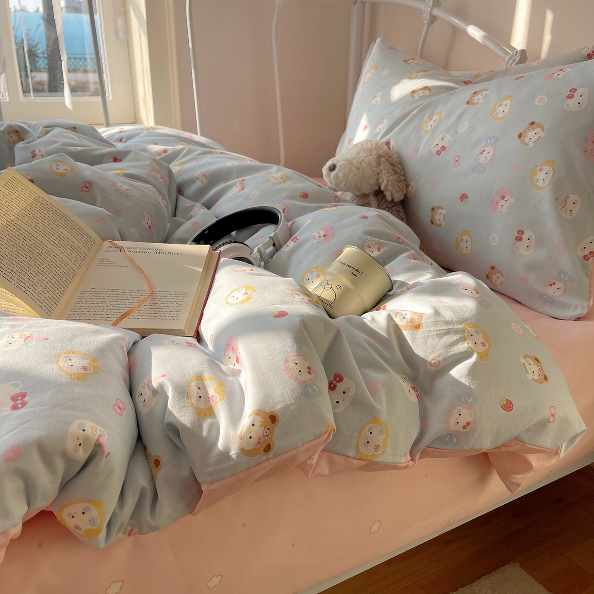 91家纺网 家纺一手货源 找家纺 桃子家居 2026新款纯棉13070小清新卡通少女可爱全棉系列四件套 棉-蓝色糖果猫