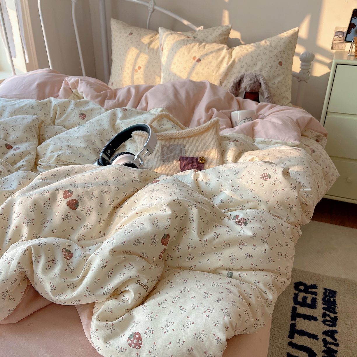 91家纺网 家纺一手货源 找家纺 桃子家居 2026新款纯棉13070小清新卡通少女可爱全棉系列四件套 棉-茉莉草莓