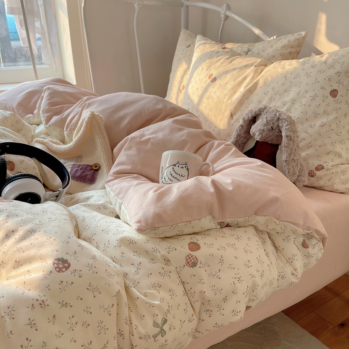 91家纺网 家纺一手货源 找家纺 桃子家居 2026新款纯棉13070小清新卡通少女可爱全棉系列四件套 棉-茉莉草莓