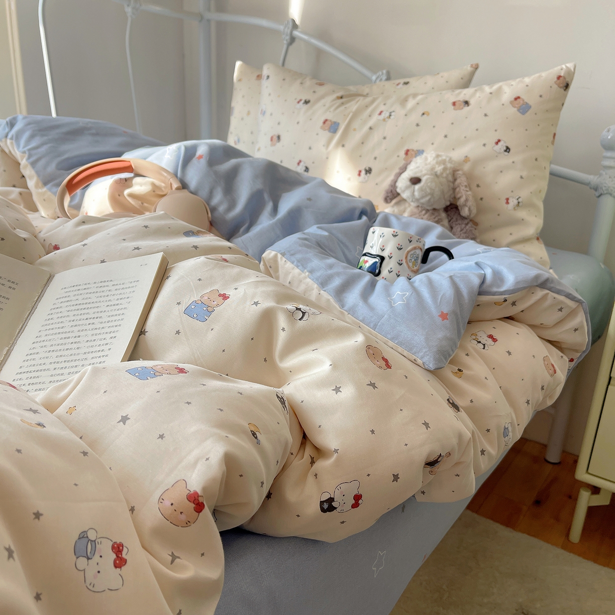 91家纺网 家纺一手货源 找家纺 桃子家居 2026新款纯棉13070小清新卡通少女可爱全棉系列四件套 棉-星星晚安猫