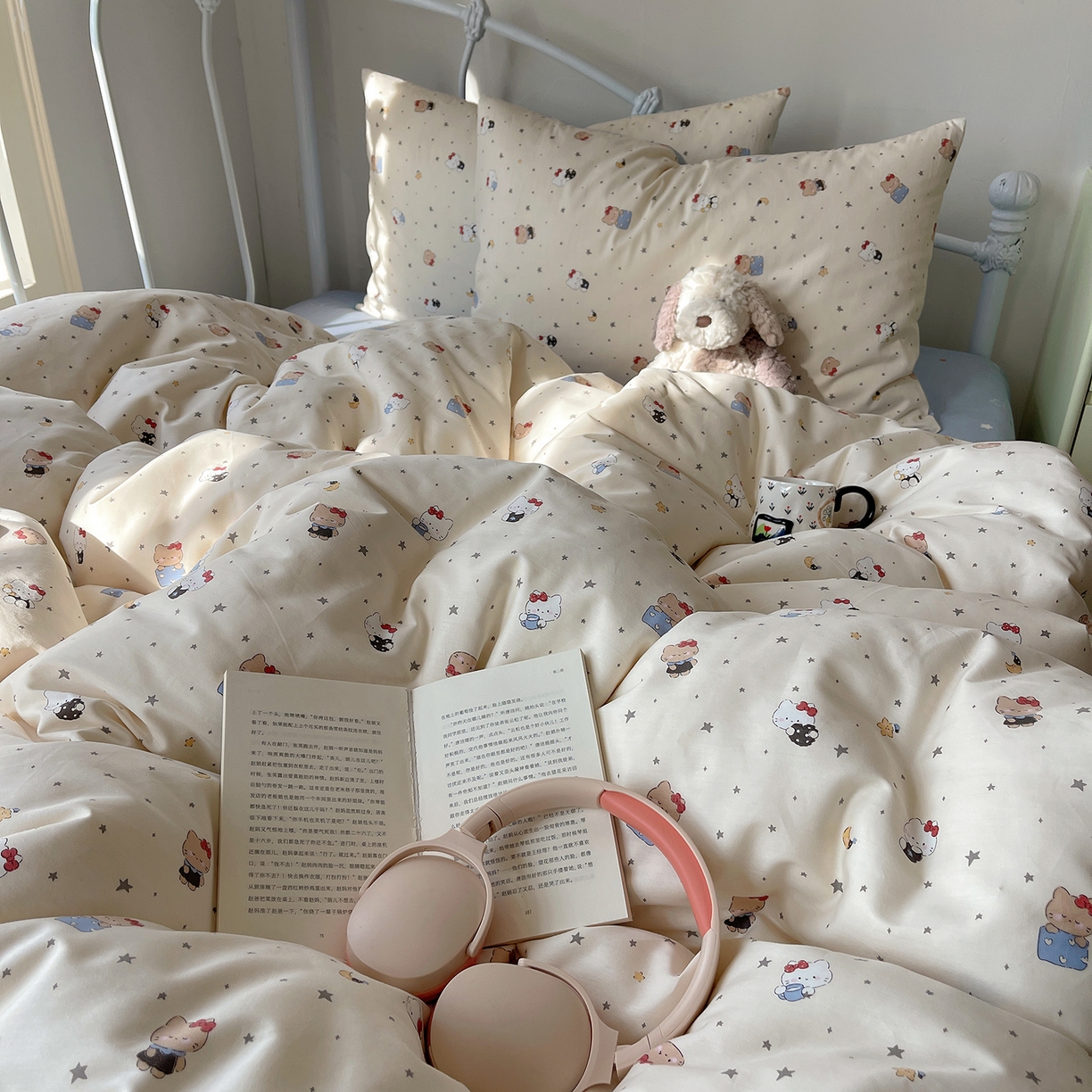 91家纺网 家纺一手货源 找家纺 桃子家居 2026新款纯棉13070小清新卡通少女可爱全棉系列四件套 棉-星星晚安猫