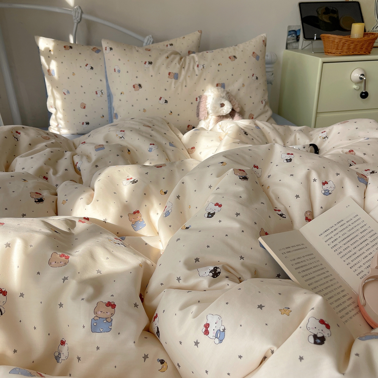 91家纺网 家纺一手货源 找家纺 桃子家居 2026新款纯棉13070小清新卡通少女可爱全棉系列四件套 棉-星星晚安猫