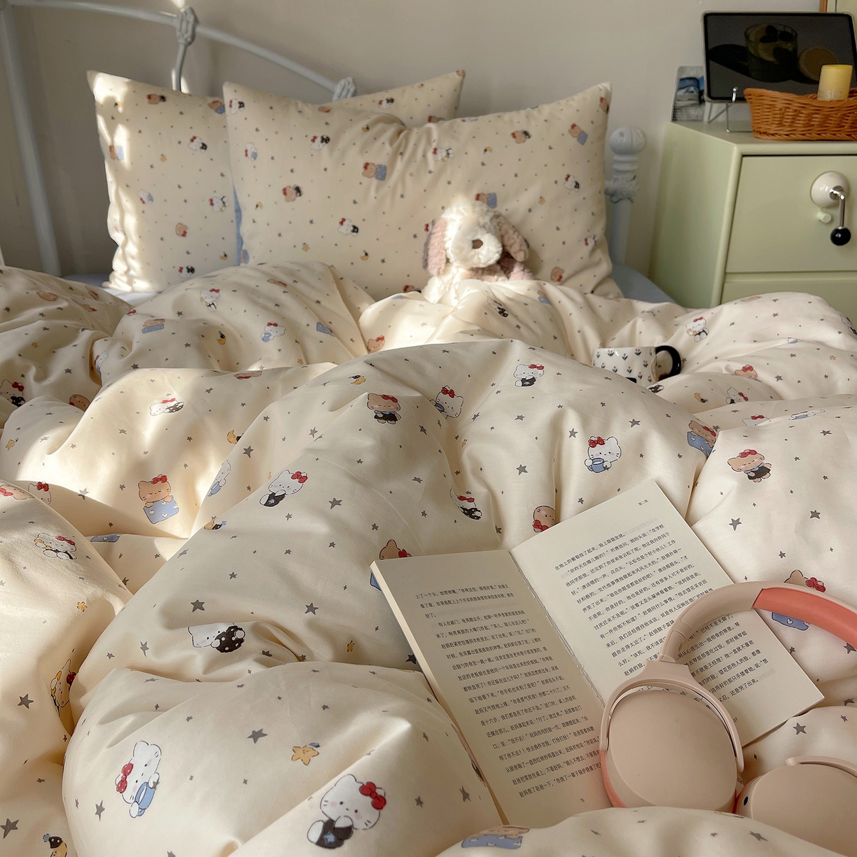 91家纺网 家纺一手货源 找家纺 桃子家居 2026新款纯棉13070小清新卡通少女可爱全棉系列四件套 棉-星星晚安猫