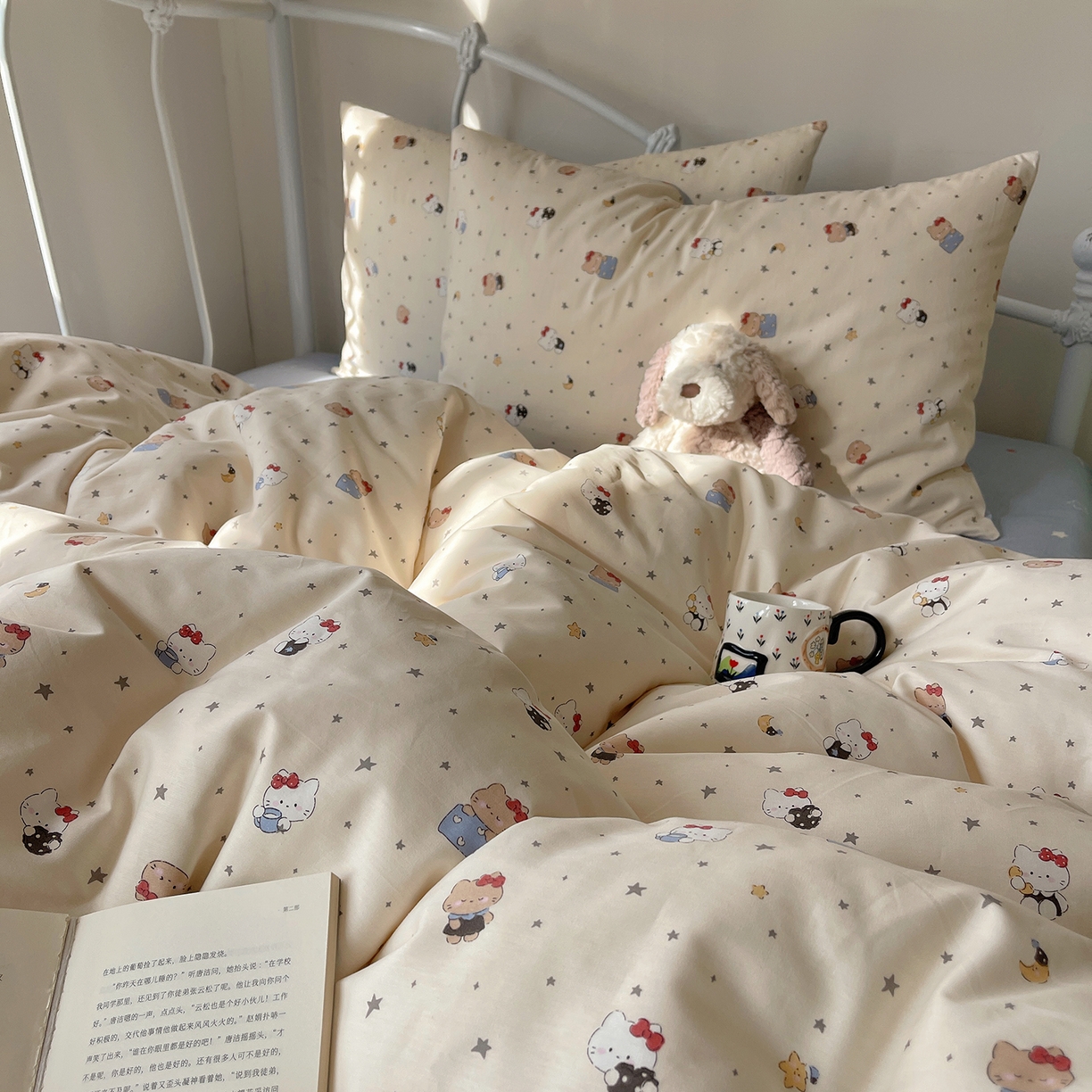 91家纺网 家纺一手货源 找家纺 桃子家居 2026新款纯棉13070小清新卡通少女可爱全棉系列四件套 棉-星星晚安猫