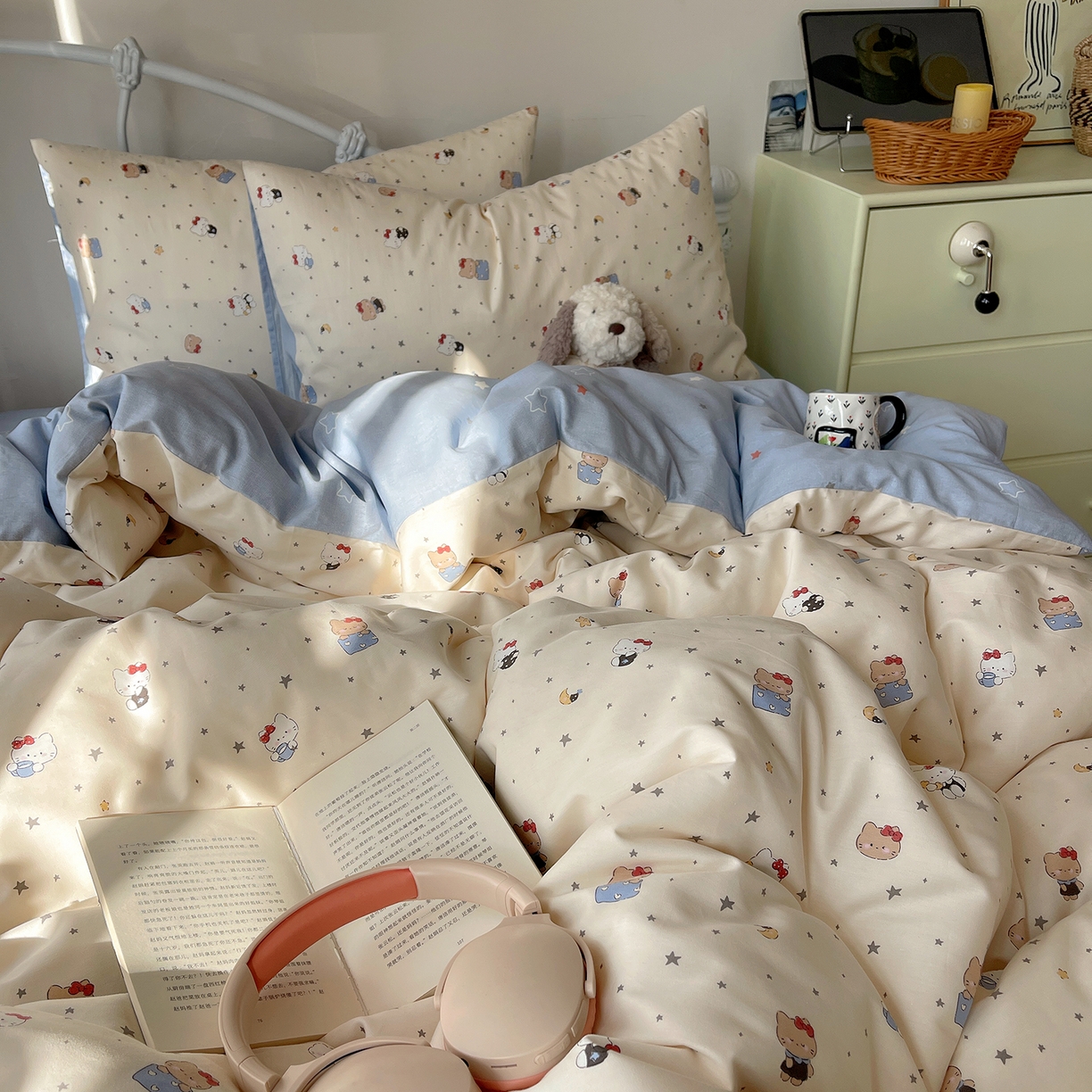 91家纺网 家纺一手货源 找家纺 桃子家居 2026新款纯棉13070小清新卡通少女可爱全棉系列四件套 棉-星星晚安猫